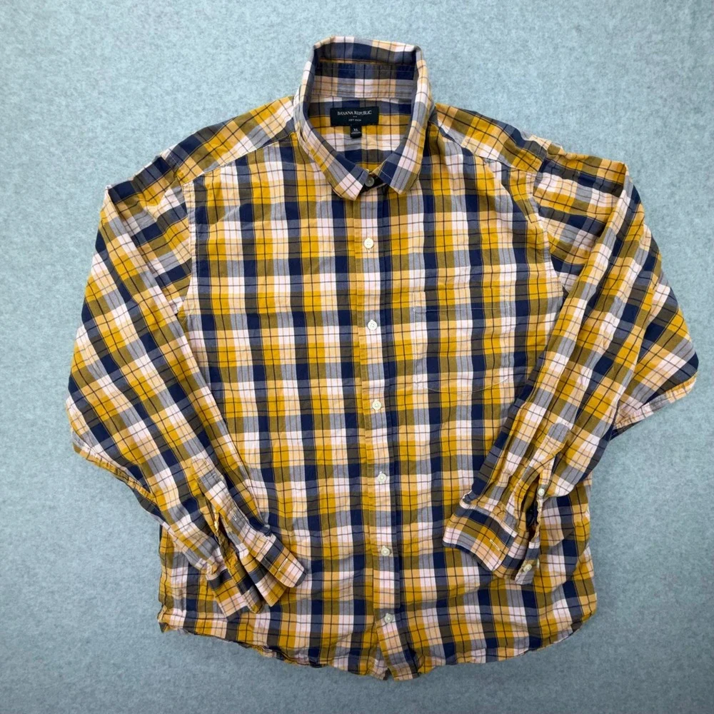 Banana Republic Soft‎ Wash Mens XL Plaid Button Down Shirt Mustard Yellow Navy